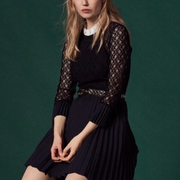 NWOT Sandro Battements Navy Blue Lace Pleated Silk White Ruffle Collar Dress. - Picture 1 of 15